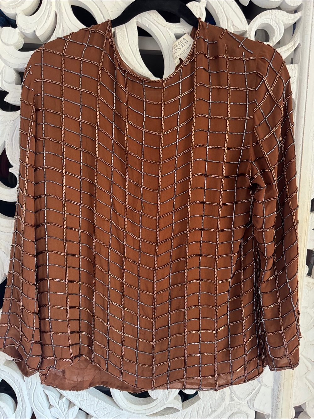 Rebecca Moses Collection Silk Beaded Windowpane Top Sz 6